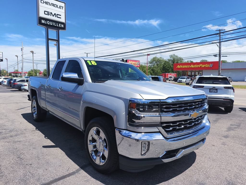 2018 Chevrolet Silverado 1500 LTZ in Silver Ice Metallic — front three-quarter view